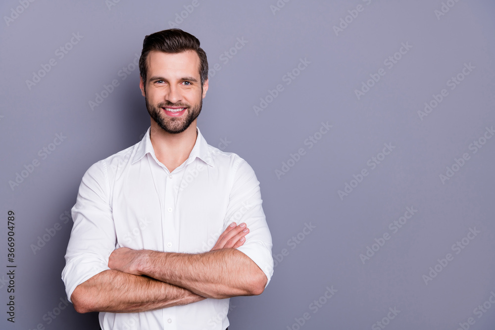 Portrait of his he nice attractive content cheerful cheery man employer director corporate expert folded arms isolated over grey violet purple pastel color background Portrait of his he nice attractive content cheerful cheery man employer director corporate expert folded arms isolated over grey violet purple pastel color background