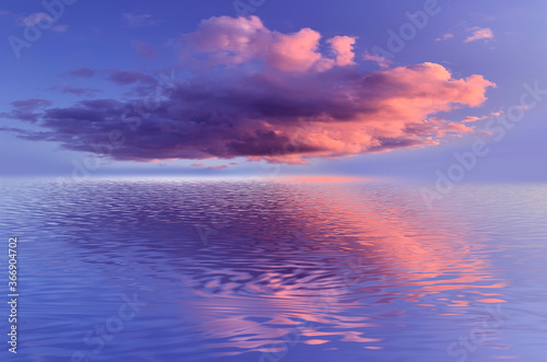 Sea sunset, neon light. Cloud over water. Reflection in the water of a beautiful sunset, rays. Marine tropical futuristic landscape, landscape with sky, water, sunlight. 3D illustration.