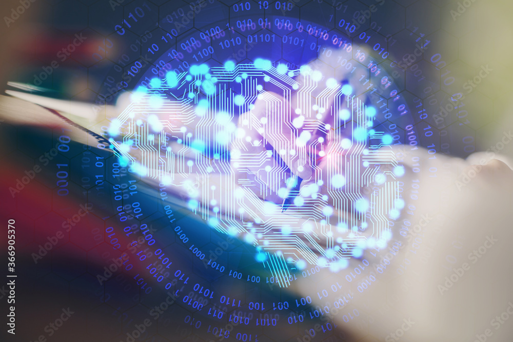 Multi exposure of writing hand on background with brain hologram. Concept of self learning. Multi exposure of writing hand on background with brain hologram. Concept of self learning.