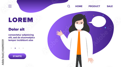 Female doctor and empty speech bubble. Mask, nurse, recommendation flat vector illustration. Communication and message concept for banner, website design or landing web page