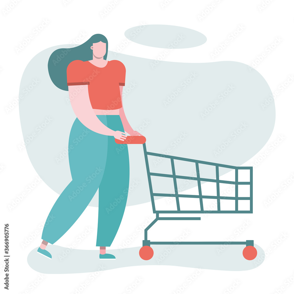 young woman with shoppings cart character young woman with shoppings cart character