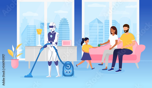 Domestic robot using a vacuum cleaner Futuristic Concept. Young happy family sitting on the couch and enjoying life with technology. Robot with a vacuum cleaner in the living room. Vector Illustration