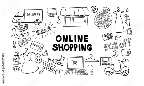 Online shopping hand drawn icons set. Doodle elements isolated on white background. Vector illustration.