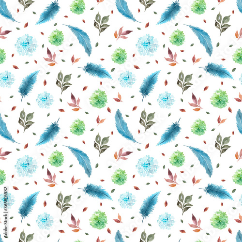 floral seamless pattern with feathers