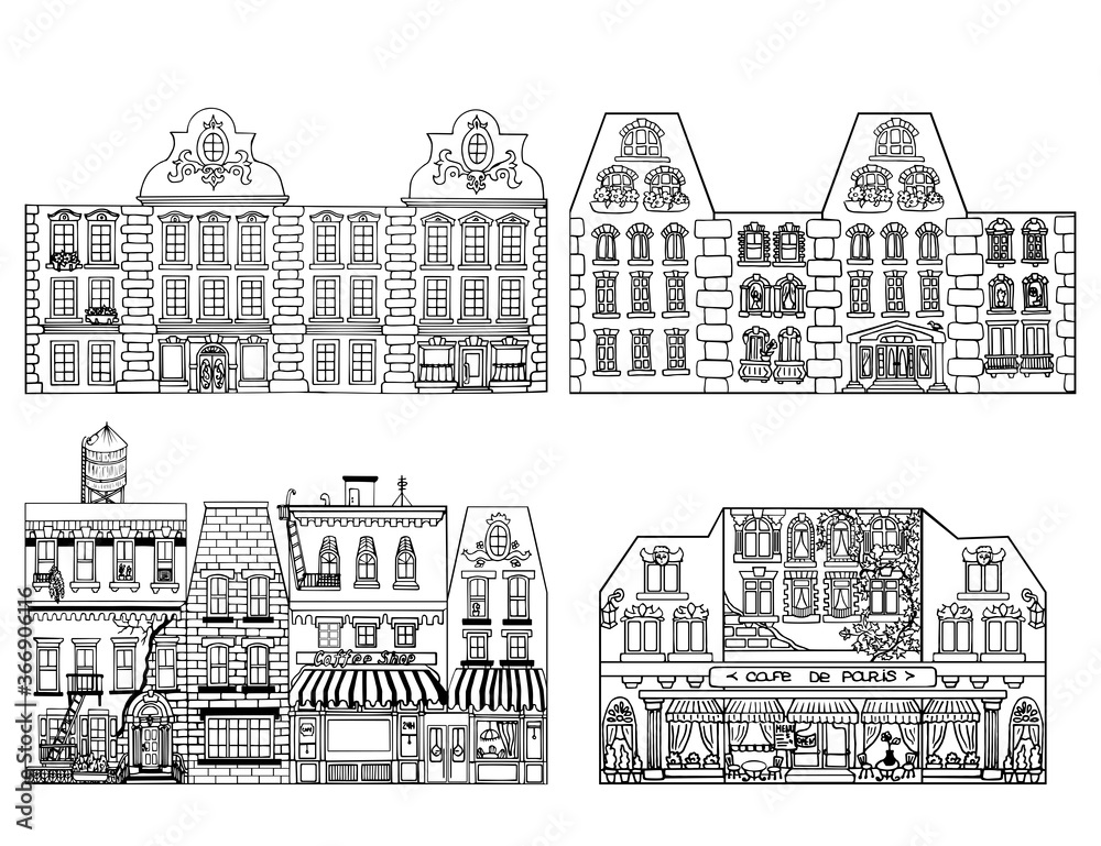Hand drawn funny sketch set cityscape with apartment house. Vector illustration. Doodle of city buildings. Monochrome house. Picture for decoration and coloring, scheme for gluing a paper house.