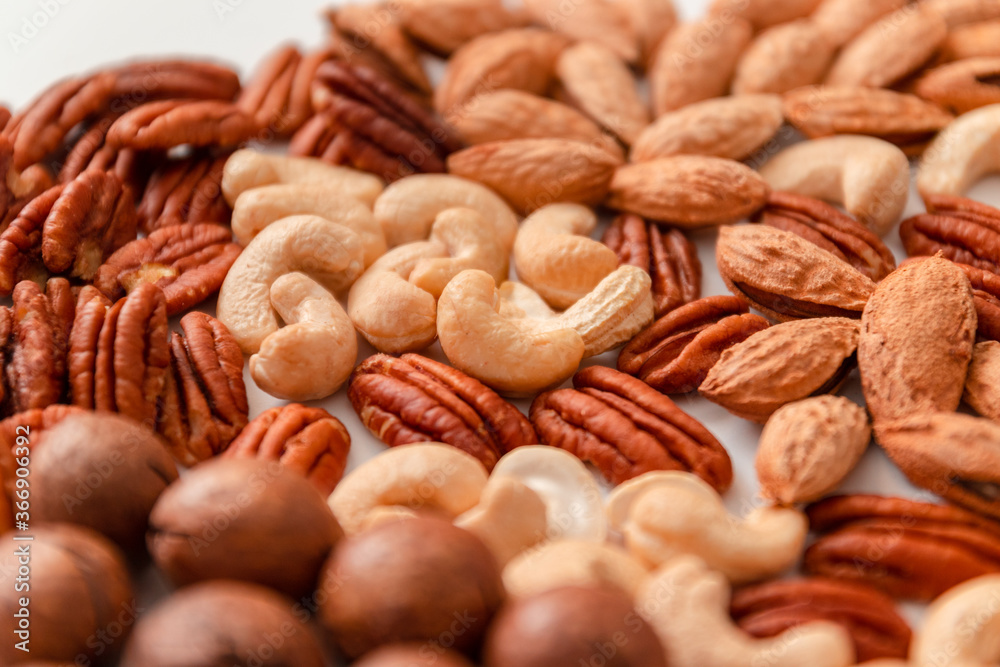 Mix nuts pecan, macadamia, walnut, almonds, hazelnuts Top view flat lay