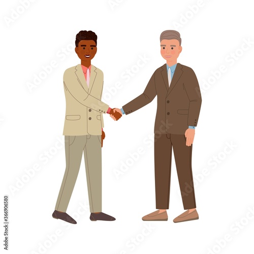 Two businessmen in suits shaking hands make deal. Cartoon characters isolated on white background.