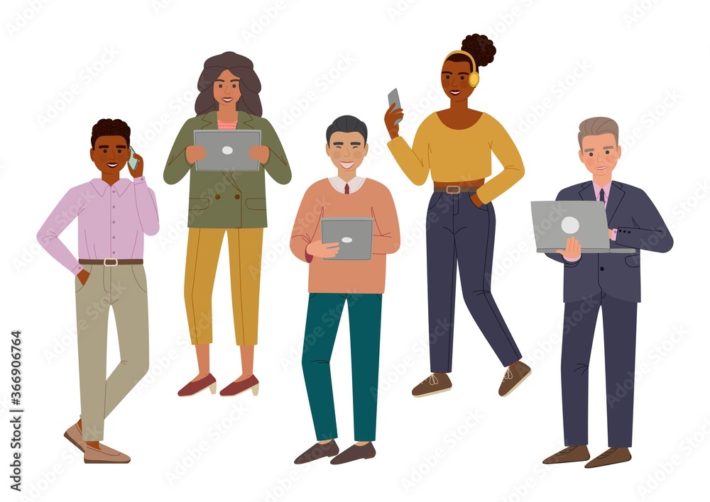 Obraz premium People with gadgets. Men and women smiling and are using smartphones, tablets and laptop. Cartoon characters isolated on white background.