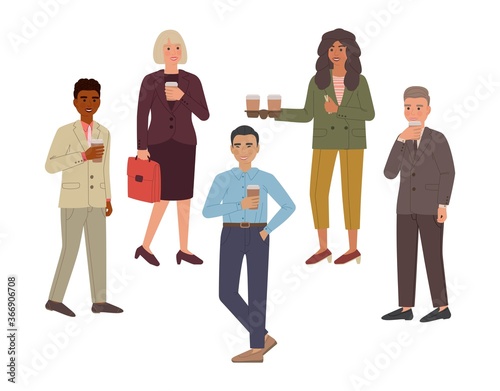 Set of people group who drinking coffee and smile. Cartoon characters isolated on white background.