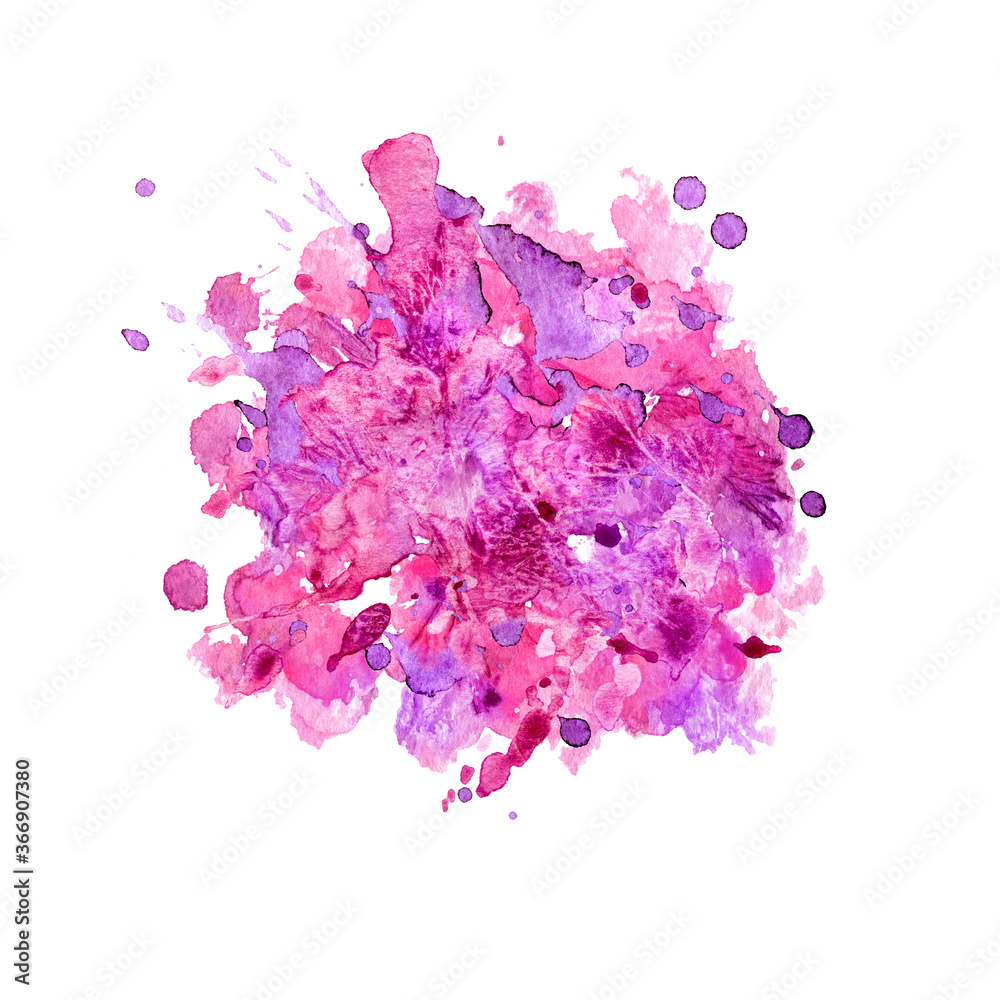 Watercolor stain painting. Abstract dye spot, stain, blot with paper texture. A painted element for design on a white background.