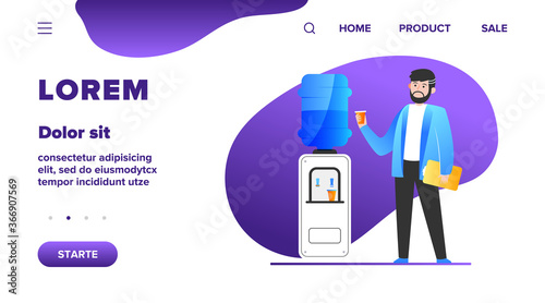 Man drinking water at cooler. Office employee, worker, work break flat vector illustration. Beverage, refreshment, watercooler concept for banner, website design or landing web page