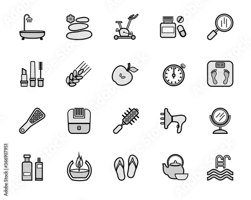 Beauty and health, icons, set, gray with outline. Gray images with a black outline. Vector.  