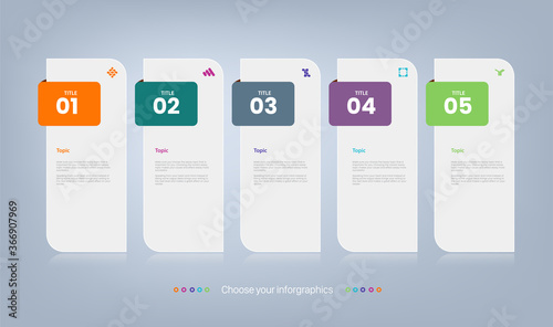 Infographics design template, with 5 steps or options and 5 colors, orange, dark green, grey, purple, light green. can be used for workflow layout, diagram, annual report, web design, label vector.