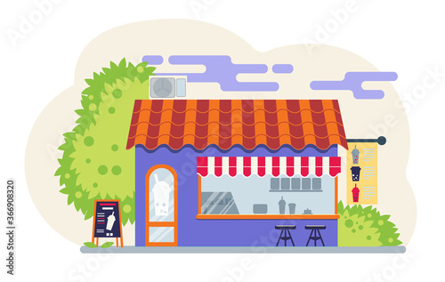 Bubble tea street shop. Coctail cafe. Flat vector illustration isolated on a white background.