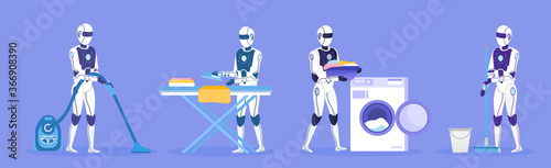 A group of four robots doing a housework. Domestic robot housekeeping Concept. Futuristic technologies. Artificial Intelligence. Robot assistant. Flat Vector Illustration.