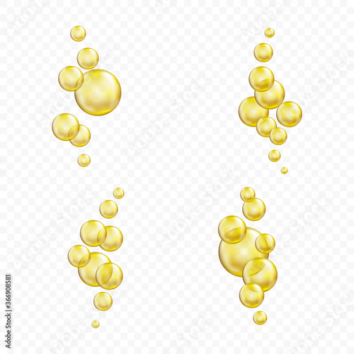 Golden glass ball collection. Serum droplet set, gold oil bubbles.
