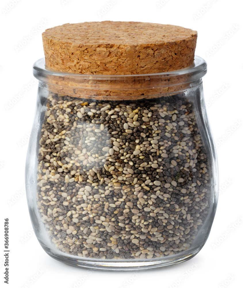 Jar with chia seeds isolated on white Jar with chia seeds isolated on white