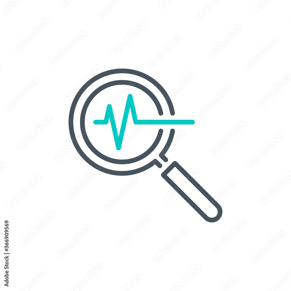 medical examination health with magnifier glass outline flat icon. Single quality outline logo search symbol for web design mobile app. Thin line design logo sign. Loupe lens icon isolated on white