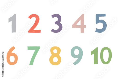 Set of colorful numbers: ten, nine, eight, seven, six, five, four, three, two, one. Numeral math alphabet. School graphic vector illustration. Mathematics font design.