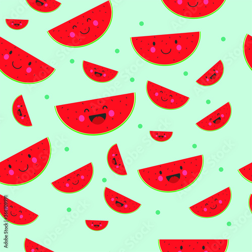 cute smile of red watermelon slice character design with dots. seamless pattern. Vector art. vector illustration. shapes backdrop. Digital paper  web design  textile print. 
