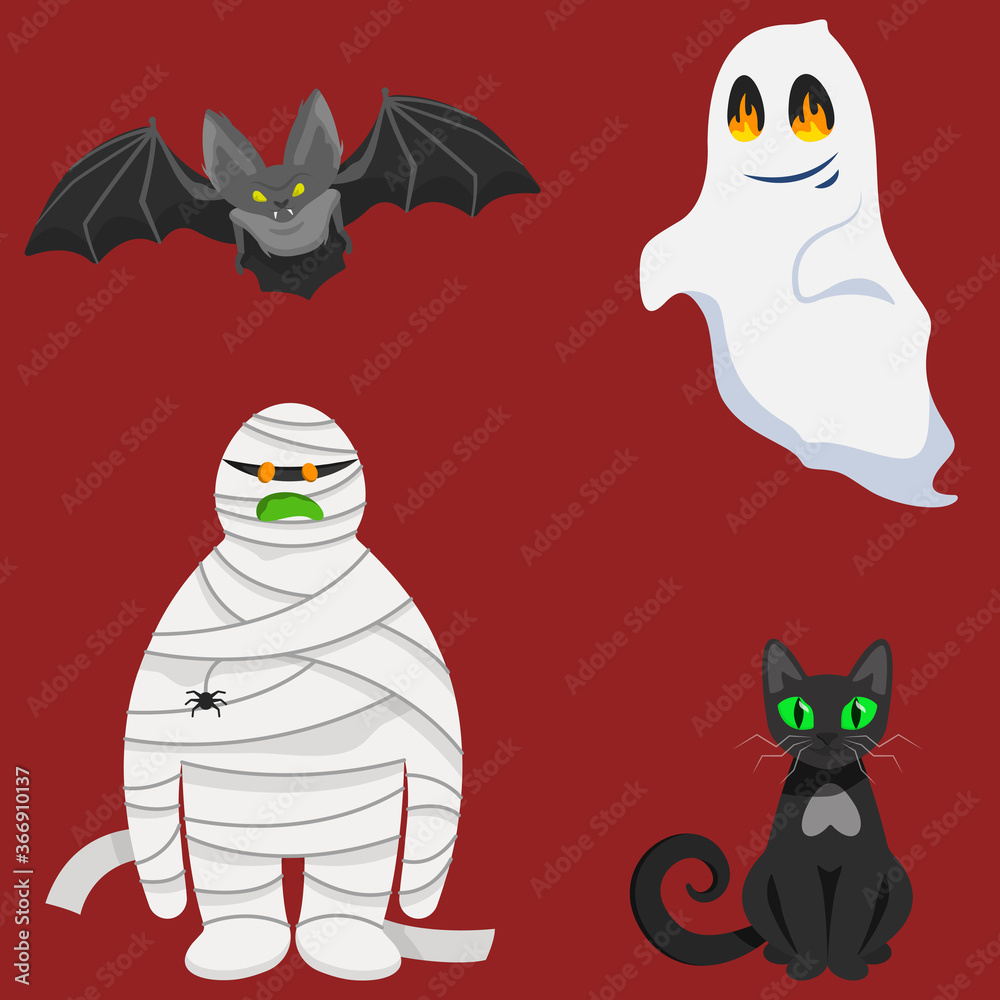 Set of halloween characters. Bat, ghost, mummy and black cat in cartoon  style. Stock Vector | Adobe Stock