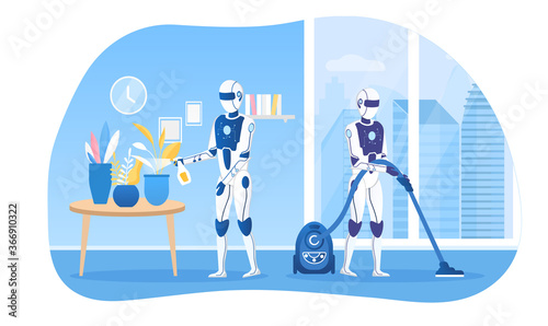 A group of robots do homework. One robot is watering the flowers and the other is vacuuming thoroughly. Living room interior. Futuristic concept of robots helpers Household Chore Automatization Vector