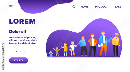 Red-haired man in different age. Teenager, infancy, father flat vector illustration. Growth cycle and generation concept for banner, website design or landing web page