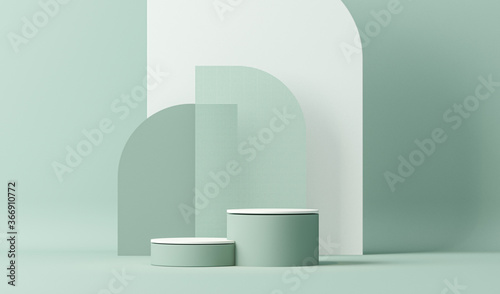 Minimal scene with podium and abstract background. Pastel blue and white colors scene. Trendy 3d render for social media banners, promotion, cosmetic product show. Geometric shapes interior.
