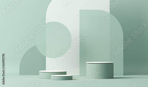 Minimal scene with podium and abstract background. Pastel blue and white colors scene. Trendy 3d render for social media banners, promotion, cosmetic product show. Geometric shapes interior.
 photo