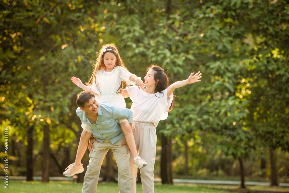 Fototapeta premium Happy family playing on the grass in the park at sunset. The concept of a happy family.