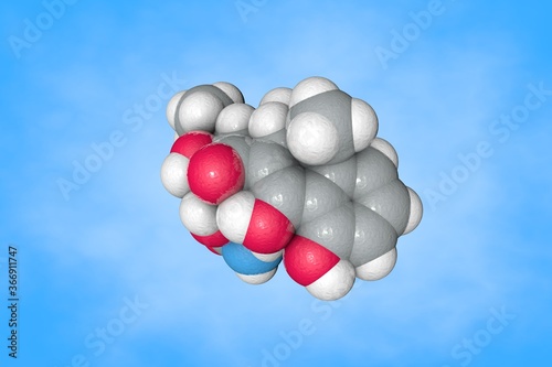 Molecular structure of doxycycline. Atoms are represented as spheres with color coding: carbon (grey), oxygen (red), nitrogen (blue), hydrogen (white). 3d illustration