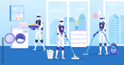 A group of robots quickly and efficiently tidy up the house. Modern bathroom with panoramic window. Robots assistants do housekeeping. Futuristic technologies. The humanoid robot helps to keep house.