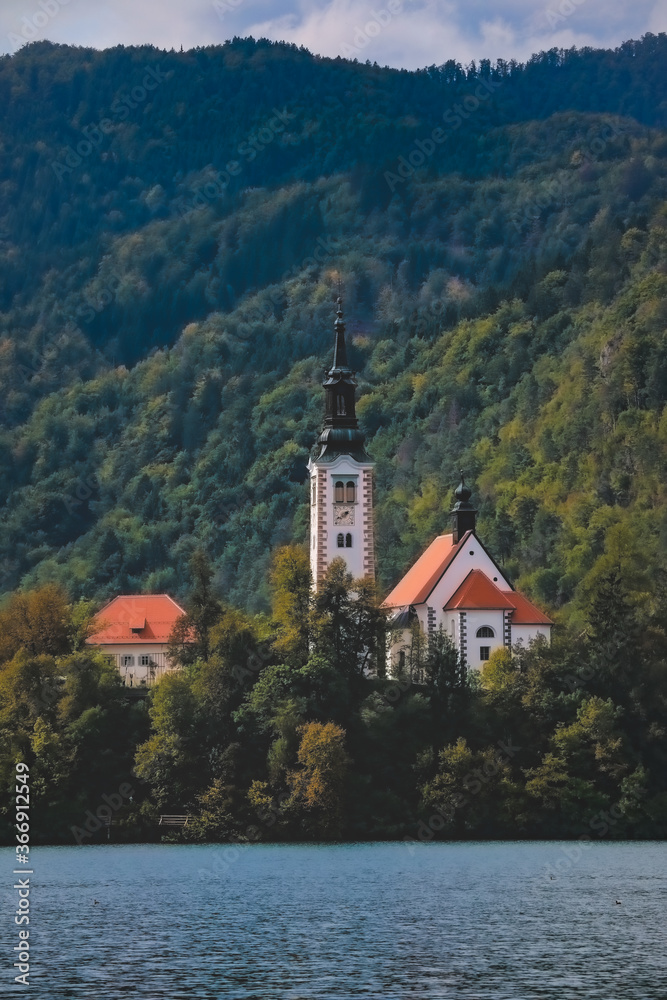 Bled Lake in Slovenia with Church. Slovenia Top Romantic Travel Destination.