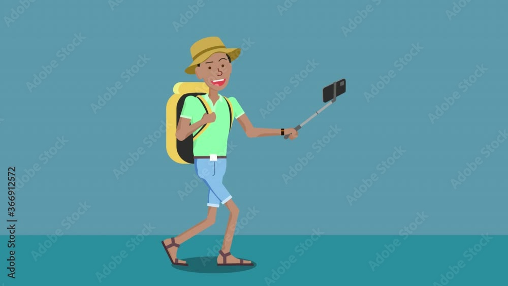 Cartoon Character Afro American Man is a Tourist. Hiking and Shooting with Selfie Stick on transparency with Alpha Channel.