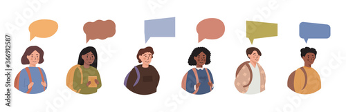 Diversity of children - avatar userpic portraits of schoolboys and schoolgirls of different ethnicities with colorful bubble message. Teenagers with speech balloon of different shapes. Vector.