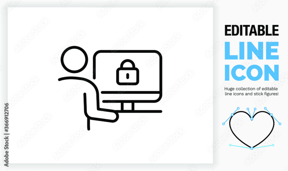Editable line icon of a person on a secure computer Editable line icon of a person on a secure computer