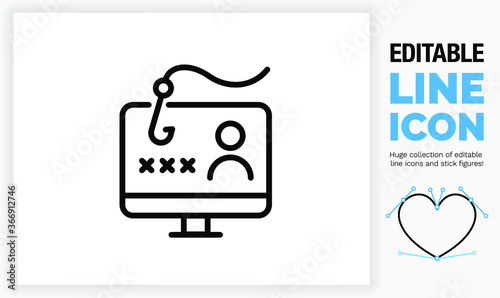 Editable line icon of data phishing on a computer