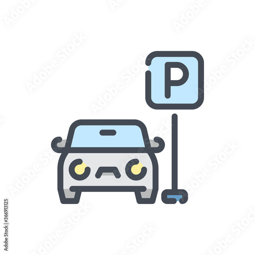 Car with Parking Road Sign color line icon. Vehicle with Street Sign vector outline colorful sign.