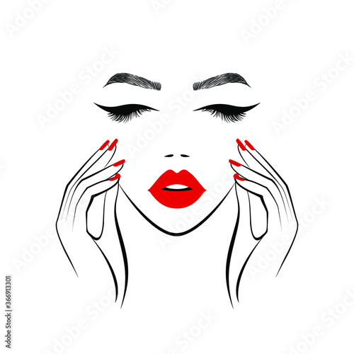 Beautiful woman face with red lips  lush eyelashes  one eye open one closed  hand with red manicure nails. Spa salon. Beauty Logo. Vector illustration
