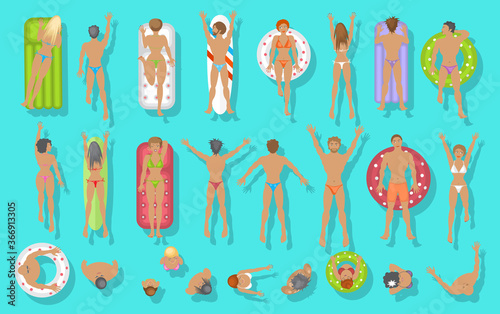 People swim on inflatable circles, inflatable mattresses, surfboards. Top view. Summer time. Men and women swim in the ocean, sea, river, lake, water. View from above.