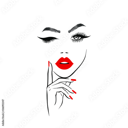 Beautiful woman face with red lips  lush eyelashes  one eye open one closed  hand with red manicure nails. Spa salon. Beauty Logo. Vector illustration