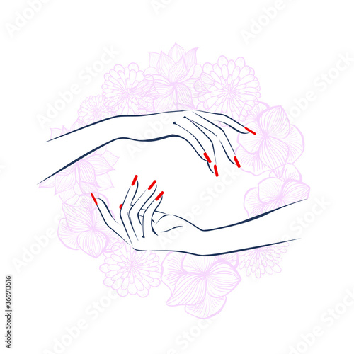 Beautiful hands with art nail manicure. Spa salon logo. Flowers frame background. Vector illustration.