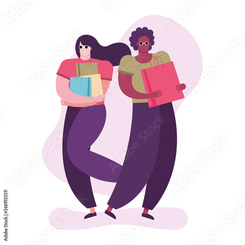 young interracial couple with shopping bags characters
