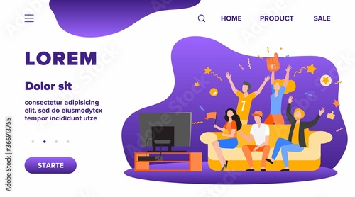 Football fans watching match on TV. Friends sitting on couch and celebrating soccer team winning or goal. Vector illustration for championship, leisure at home, sport game supporter concept