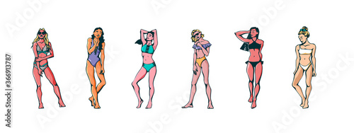 Set of tanned slender girls in swimwear on the beach. Sketch summer illustration of fashionable girls. Bright summer illustration