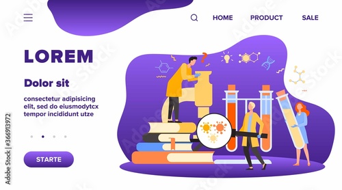 Group of scientists with microscope, chemical tubes and books doing epidemiology research. Chemists studying corona virus tests in medical lab. Can be used for coronavirus pandemic, covid 2019 topics