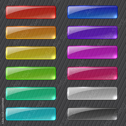 Set of colored transparent web buttons on dark background. Vector shiny clear glass bar