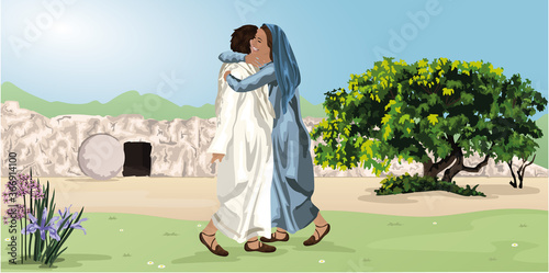 Photo Easter Story - Jesus appears To Mary Magdalene Outside The Tomb Vector