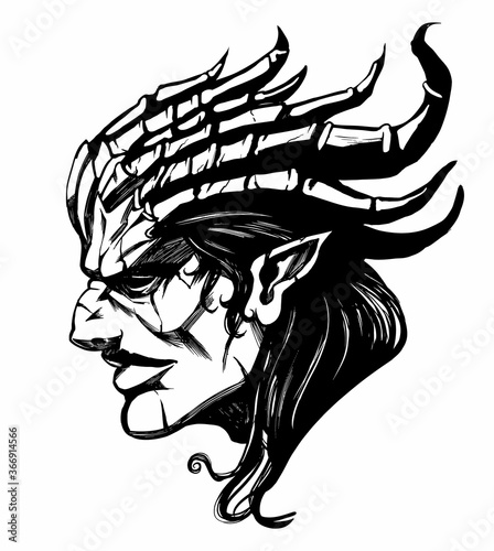 A demon with many horns, pointed ears, and a humped nose in profile, looks sternly ahead. 2D illustration.