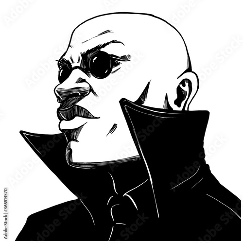 A bald man in a black jacket and round glasses looks sternly ahead. 2D illustration.